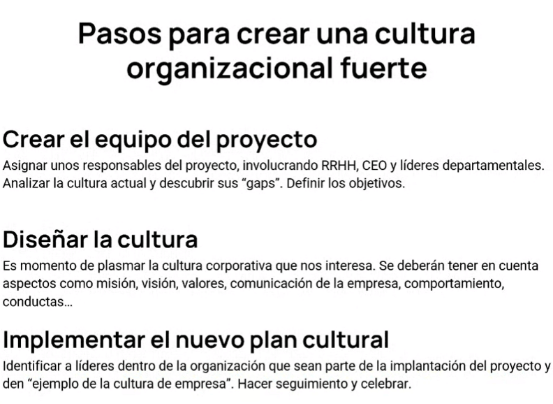 pasos a seguir para crear una cultura organizacional